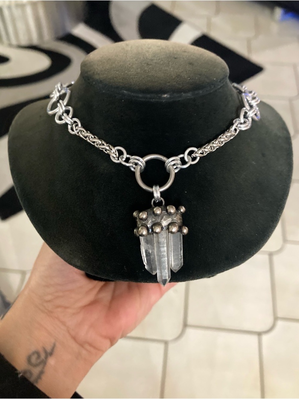 Handmade Genuine raw crystal quartz maille stainless steel boho goth necklace - Picture 11 of 16
